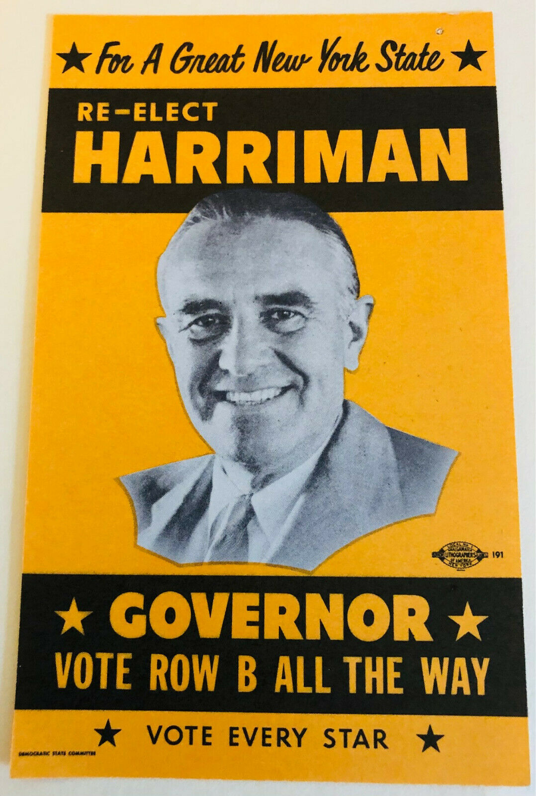 3 X 5" Re-elect Harriman Governor New York State Political Campaign Paper