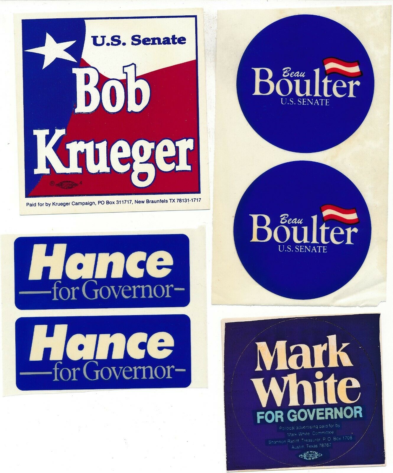 1988 Boulter - 1986 Hance - 1982 White & 1978 Kruger Lapel Stickers Texas Tx